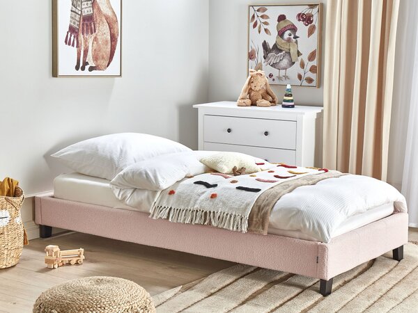 Posteľ čalúnená svetloružová buklé 90 x 200 cm rám postele s roštom bez čela spálňa moderný minimalistický štýl