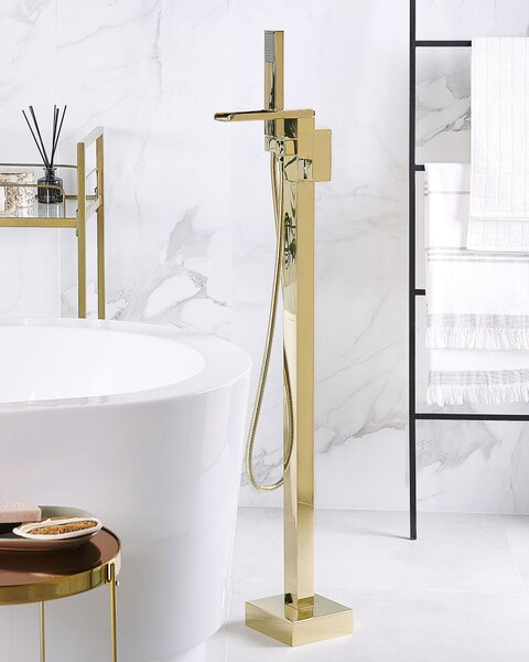 Samostatne stojaca vaňová batéria lesklá zlatá 115 cm moderný doplnok do kúpeľne