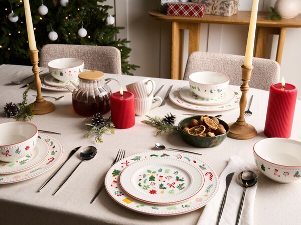 12-dielna sada jedálenského riadu biela porcelán reaktívna glazúra ručne vyrobený servis pre 4 osoby s vianočným motívom
