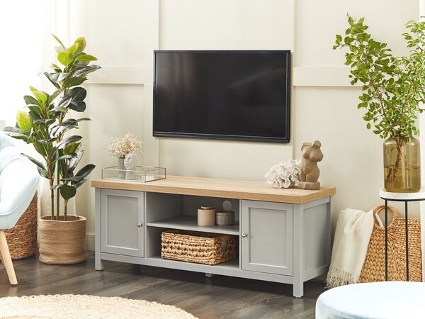 TV stolík sivý svetlé drevo drevotrieska 130 cm obývacia izba škandinávsky dizajn moderný štýl