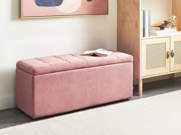Taburet ružový 100 x 42 x 40 cm polyester čalúnená taburetka úložný priestor obývacia izba moderný štýl