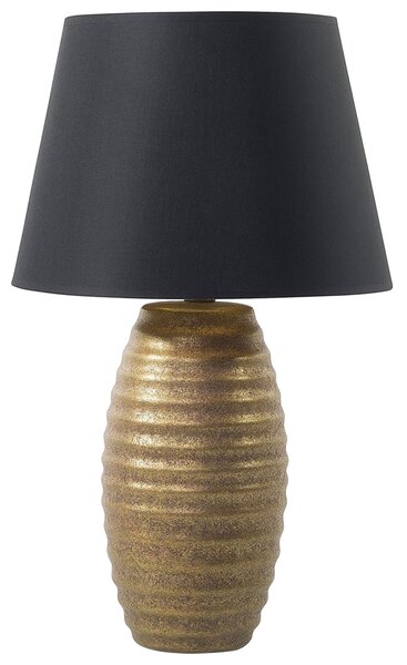 Stolná lampa so zlatým porcelánovým základom látkovým tienidlom čierny dlhý kábel s moderným vypínačom