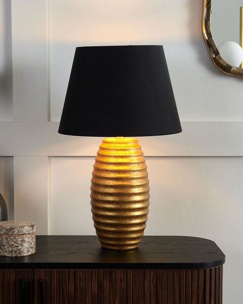 Stolná lampa so zlatým porcelánovým základom látkovým tienidlom čierny dlhý kábel s moderným vypínačom
