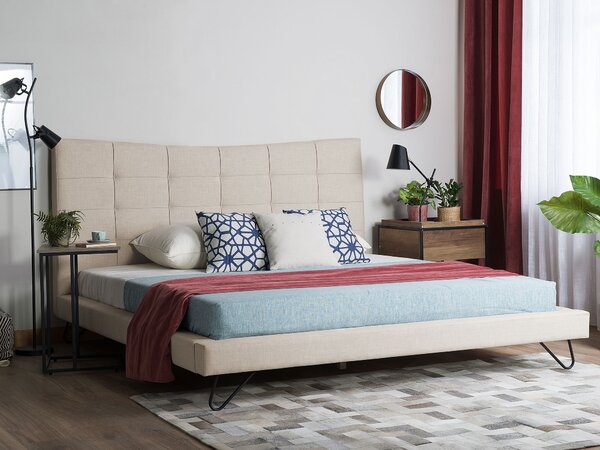 Posteľ béžová polyester čalúnený rám 160 x 200 cm kovové nohy prešívané čelo spálňa