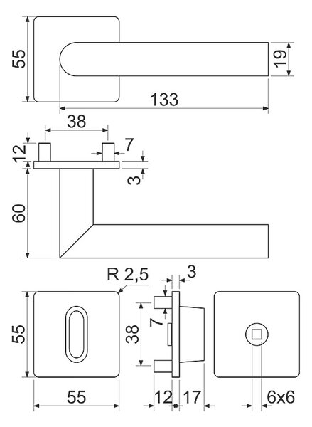 Dverové kovanie RICHTER RK.CML-FORM (MD), kľučka-kľučka, Otvor pre obyčajný kľúč BB, RICHTER Meď
