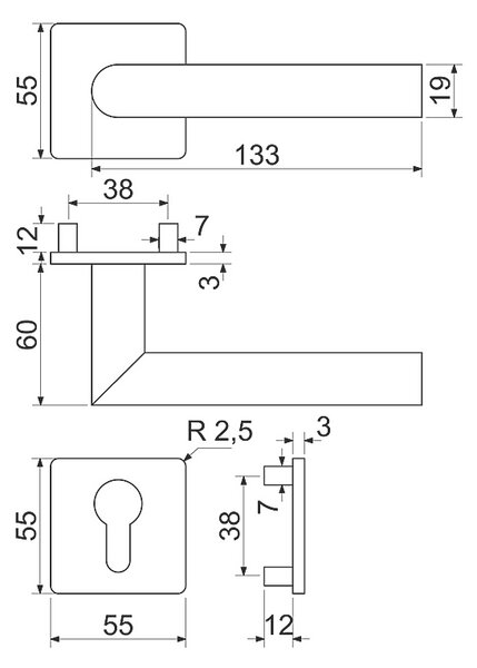 Dverové kovanie RICHTER RK.CML-FORM (MD), kľučka-kľučka, Otvor pre obyčajný kľúč BB, RICHTER Meď