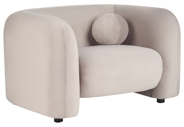 Kreslo sivobéžové zamatové čalúnenie okrúhly vankúš retro glamour art deco štýl obývačka spálňa