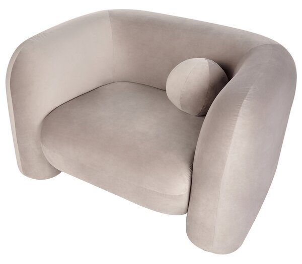 Kreslo sivobéžové zamatové čalúnenie okrúhly vankúš retro glamour art deco štýl obývačka spálňa