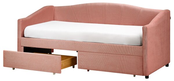 Posteľ ružová 90 x 200 cm polyesterové čalúnenie lamelový rošt eukalyptové drevo zásuvky z preglejky moderný štýl spálňa
