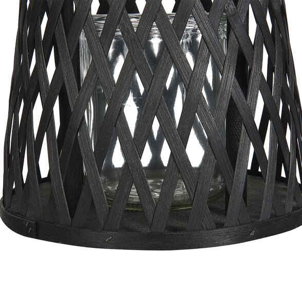 Lampáš na sviečku čierny bambusové drevo 38 cm so skleneným držiakom na sviečku boho štýl interiér