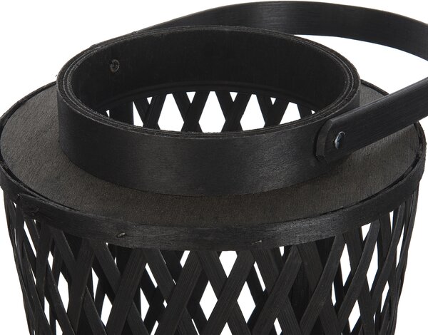 Lampáš na sviečku čierny bambusové drevo 38 cm so skleneným držiakom na sviečku boho štýl interiér