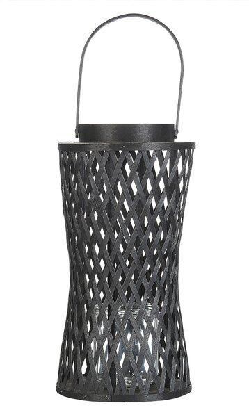 Lampáš na sviečku čierny bambusové drevo 38 cm so skleneným držiakom na sviečku boho štýl interiér