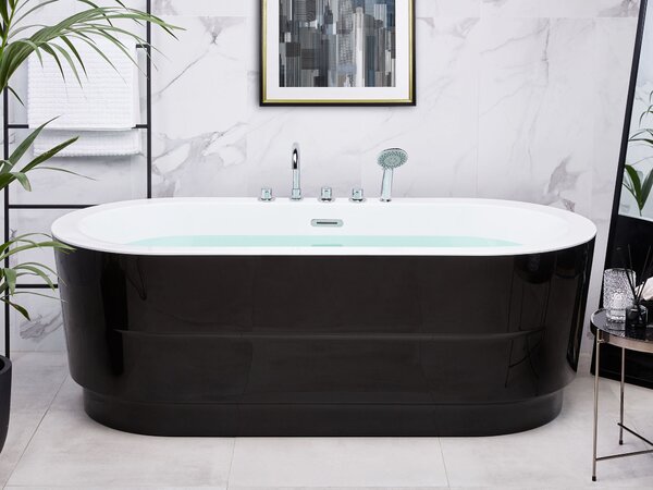 Voľne stojaca vaňa s batériou čierna sanitárny akrylát 170 x 80 cm oválna pre jednu osobu moderný miminalistický dizajn