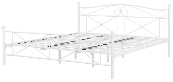 Posteľ biela kovový rám 180 x 200 cm s čelom lamelový rošt retro moderný štýl spálňa