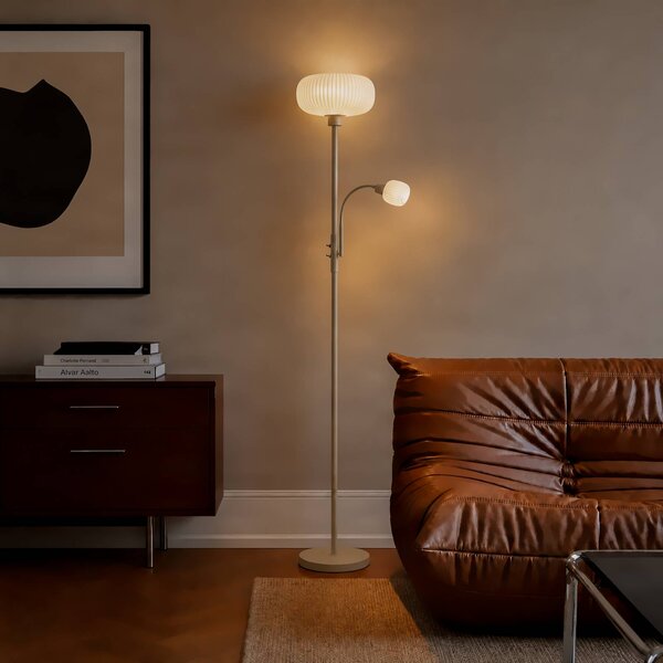 Lindby Stojacia lampa Ingrid, béžová/biela, 175 cm, na citanie, Krémová / jantárovo žltá, Obývacia izba / jedáleň, kov, Stojaca lampa