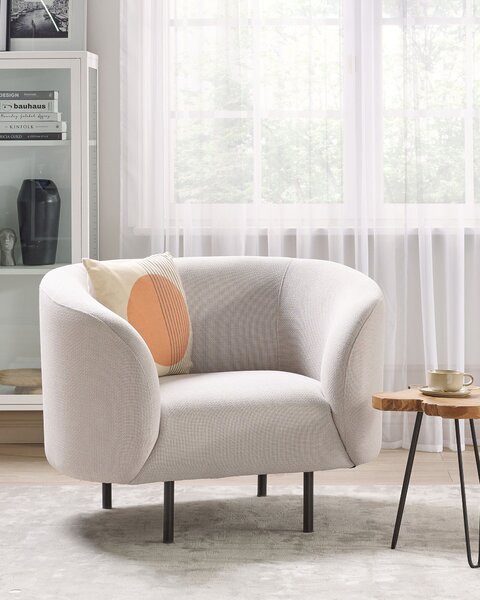 Kreslo béžové polyesterové čalúnenie čierne nohy zaoblené operadlo retro glamour art deco štýl