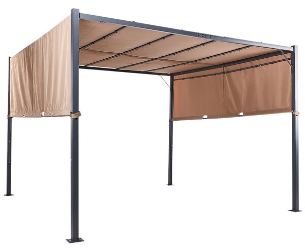 Pergola hnedý polyester oceľový rám 310 x 310 cm látkové tienidlo solárne LED svetlá záhradný prístrešok