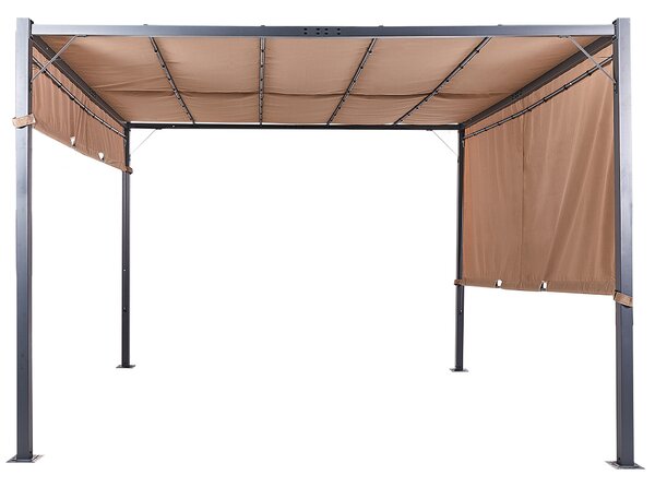 Pergola hnedý polyester oceľový rám 310 x 310 cm látkové tienidlo solárne LED svetlá záhradný prístrešok