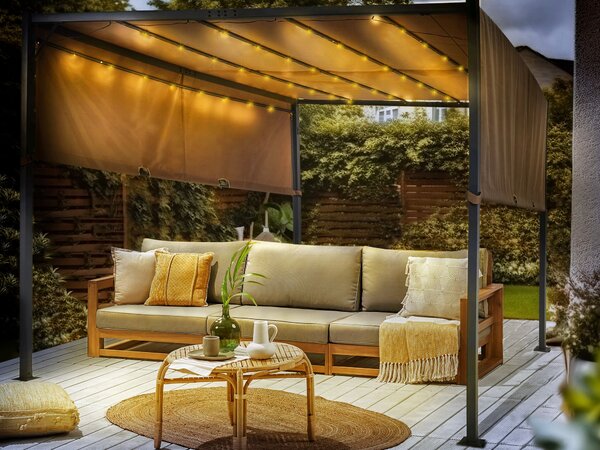 Pergola hnedý polyester oceľový rám 310 x 310 cm látkové tienidlo solárne LED svetlá záhradný prístrešok