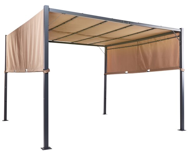 Pergola hnedý polyester oceľový rám 310 x 310 cm látkové tienidlo solárne LED svetlá záhradný prístrešok
