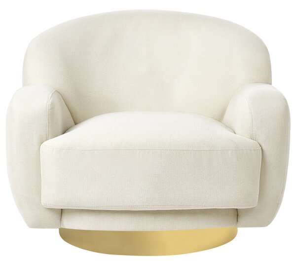 Kreslo svetlobéžové látkové čalúnenie polyester zlatý kovový podstavec retro glamour art deco štýl obývačka spálňa