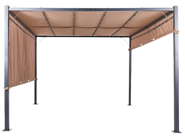 Pergola hnedý polyester oceľový rám 310 x 310 cm látkové tienidlo solárne LED svetlá záhradný prístrešok