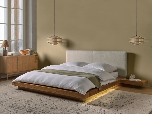 Posteľ v japonskom štýle prírodný jaseň 160 x 200 cm nízky drevený rám postele z MDF buklé čelo nočné stolíky LED osvetlenie