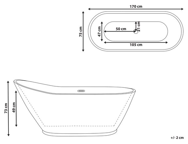 Voľne stojaca vaňa biela akrylát 170 x 75 cm oválny tvar pre 1 osobu matný povrch moderný štýl kúpeľňa