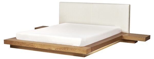 Posteľ v japonskom štýle prírodný jaseň 160 x 200 cm nízky drevený rám postele z MDF buklé čelo nočné stolíky LED osvetlenie
