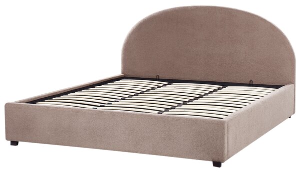 Posteľ s úložným priestorom sivobéžová buklé čalúnenie 180 x 200 cm zaoblené čelo minimalistický retro dizajn spálňa