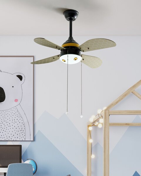 Stropný ventilátor so svetlom v tvare včielky pre deti s retiazkou a 4 lopatkami nastavenie rýchlosti moderný dizajn
