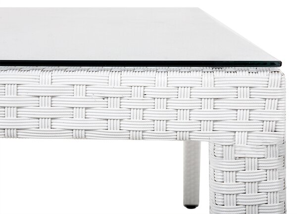 Záhradný jedálenský stôl biely umelý ratan 220 x 100 cm vrchná doska z tvrdeného skla 8 miestny obdĺžnikový