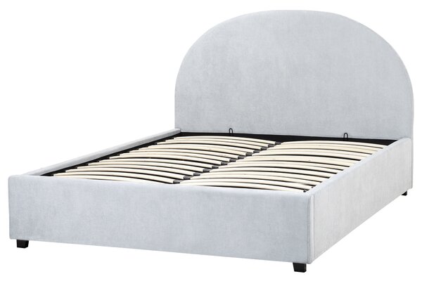 Posteľ s úložným priestorom svetlomodrá čalúnená ženilka 140 x 200 cm zaoblené čelo minimalistický retro dizajn spálňa