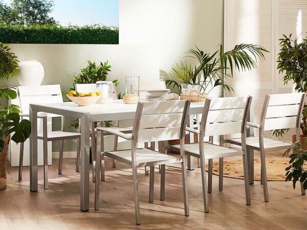Jedálenský stôl biely plastové drevo strieborný hliníkový rám pre 6 osôb 180 x 90 cm moderný dizajn