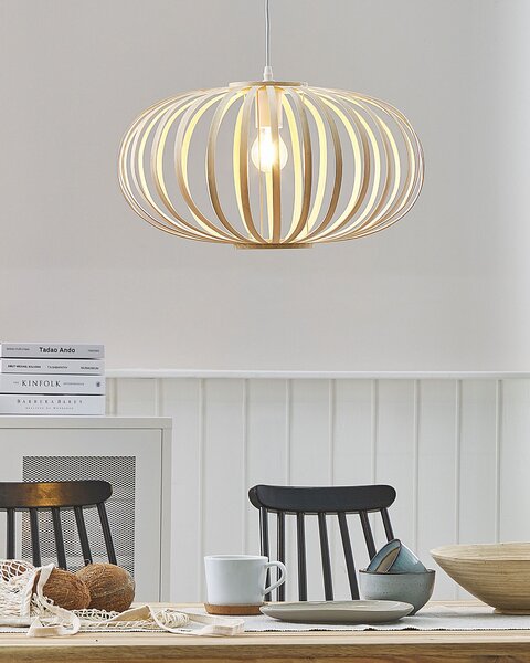 Závesná lampa svetlohnedá biela bambusové drevo kov matný povrch geometrické klietkové tienidlo moderný boho štýl osvetlenie
