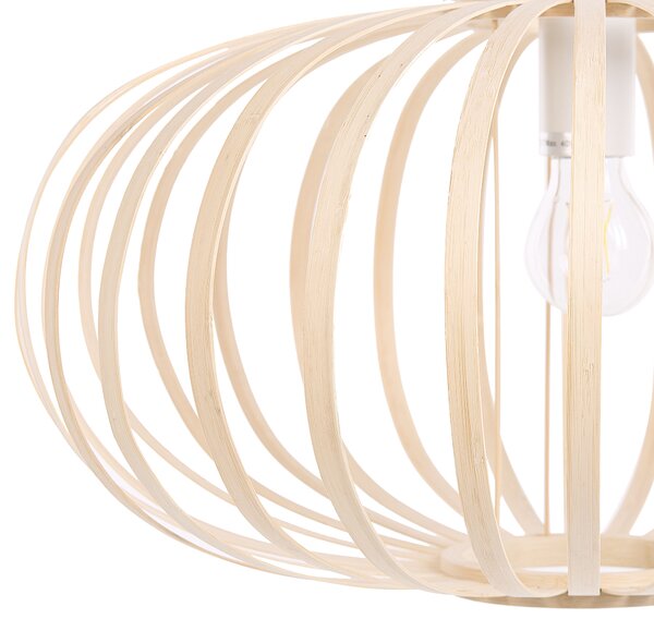 Závesná lampa svetlohnedá biela bambusové drevo kov matný povrch geometrické klietkové tienidlo moderný boho štýl osvetlenie