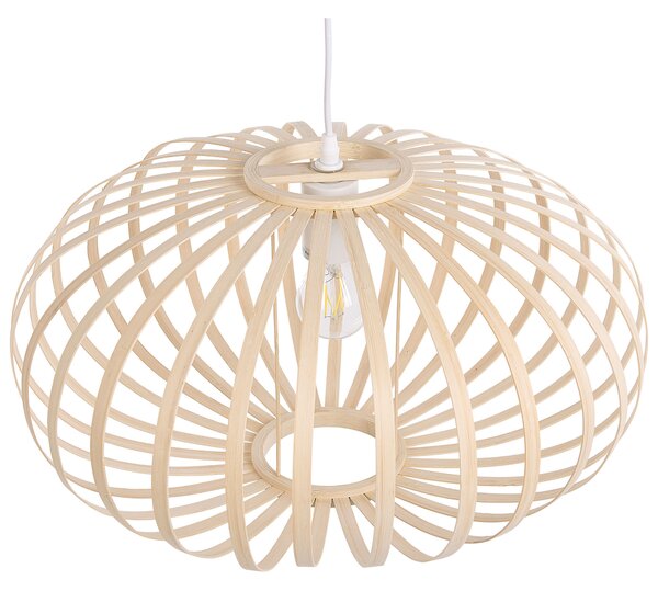 Závesná lampa svetlohnedá biela bambusové drevo kov matný povrch geometrické klietkové tienidlo moderný boho štýl osvetlenie