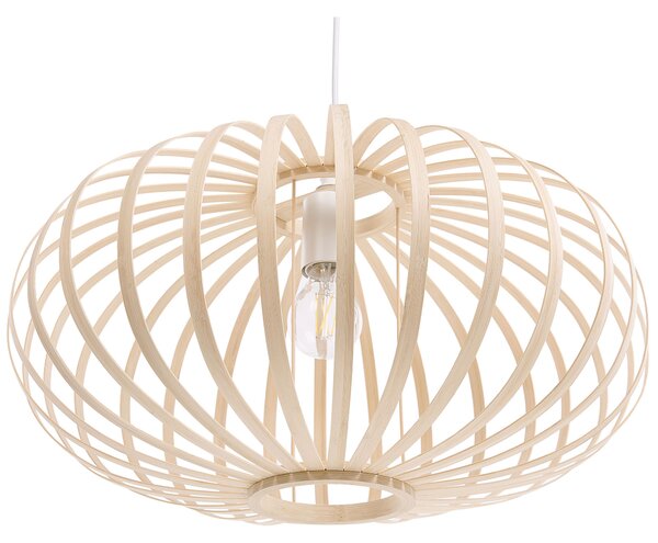 Závesná lampa svetlohnedá biela bambusové drevo kov matný povrch geometrické klietkové tienidlo moderný boho štýl osvetlenie