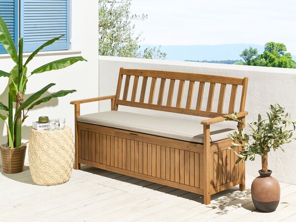 Sedací vankúš na záhradnú lavicu sivobéžový polyester 148 x 45 cm jednofarebný bez vzoru šnúrky odolnosť voči UV žiareniu exteriér