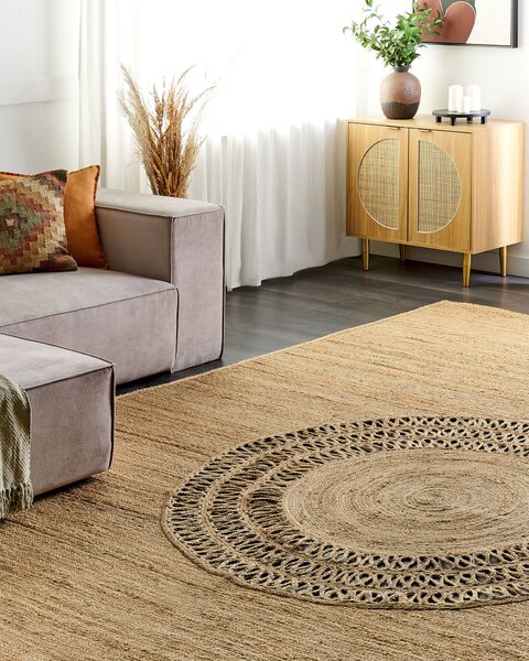 Koberec béžový jutový 300 x 400 cm pletený ručne vyrobený s vyrezávaným vzorom prírodný boho štýl textil