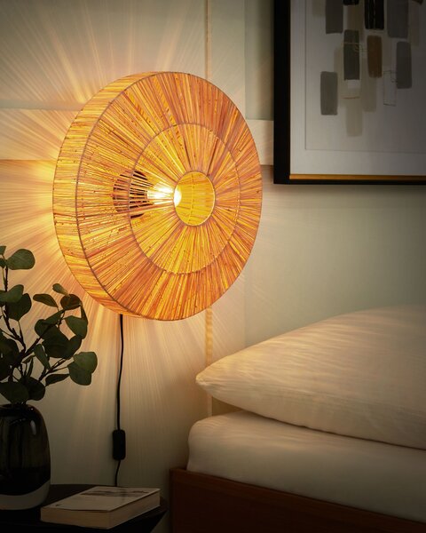 Nástenná lampa prírodná slamené okrúhle tienidlo boho svietidlo na stenu obývacia izba spálňa