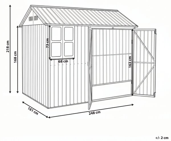 Záhradný domček na náradie hnedá sivá oceľ 248 x 161 cm uzamykateľný na zámok odolnosť voči UV žiareniu vodoodolný s dverami exteriér