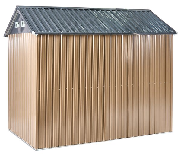 Záhradný domček na náradie hnedá sivá oceľ 248 x 161 cm uzamykateľný na zámok odolnosť voči UV žiareniu vodoodolný s dverami exteriér