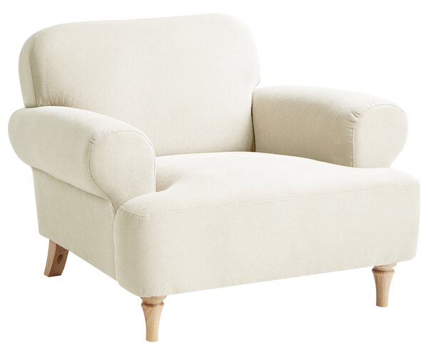 Kreslo béžové polyester látkové čalúnenie drevené nohy retro minimalistický štýl obývacia izba