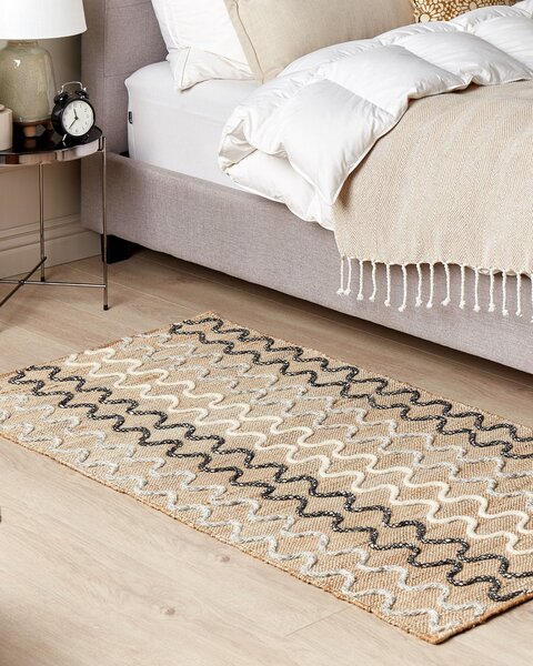 Koberec béžový juta 80 x 150 cm geometrický vzor ručne tkaný obdĺžnikový tvar rustikálny boho štýl obývačka spálňa