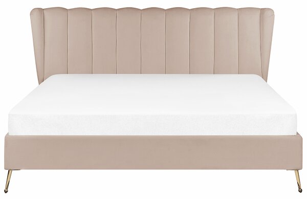 Posteľ sivobéžová zamatové čalúnenie 180 x 200 cm zlaté kovové nohy prešívané čelo s USB portom moderný glamour štýl spálňa