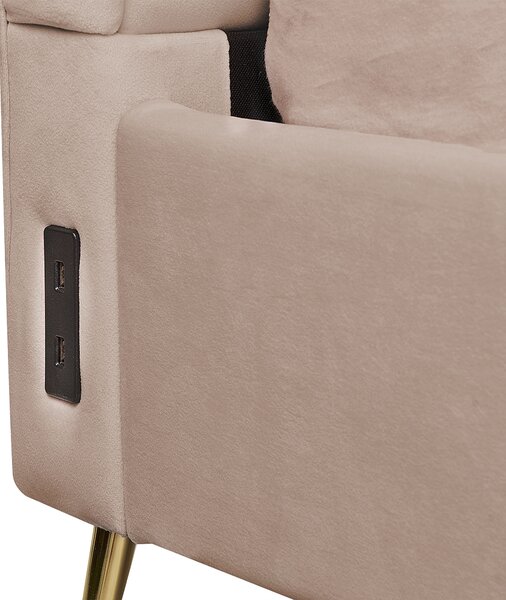 Posteľ sivobéžová zamatové čalúnenie 180 x 200 cm zlaté kovové nohy prešívané čelo s USB portom moderný glamour štýl spálňa