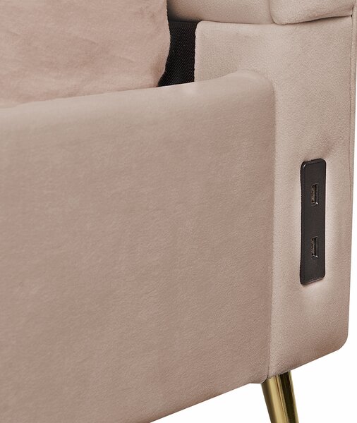 Posteľ sivobéžová zamatové čalúnenie 180 x 200 cm zlaté kovové nohy prešívané čelo s USB portom moderný glamour štýl spálňa
