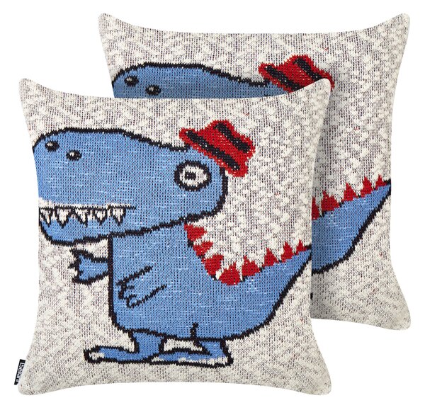 Sada 2 detských bavlnených dekoratívnych vankúšov béžová a modrá 45 x 45 cm s motívom dinosaura moderný dizajn detská izba