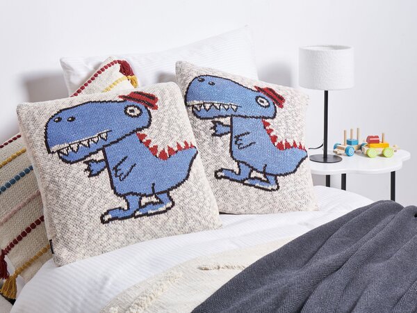 Sada 2 detských bavlnených dekoratívnych vankúšov béžová a modrá 45 x 45 cm s motívom dinosaura moderný dizajn detská izba